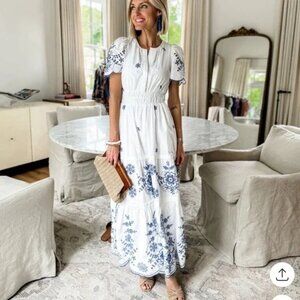 Joie 100% Somerset White Midi Dress w/Blue Embroidery NWT Sz XL